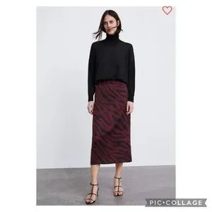 Zara Burgundy Satin Animal Print Midi Pencil Skirt Size Small